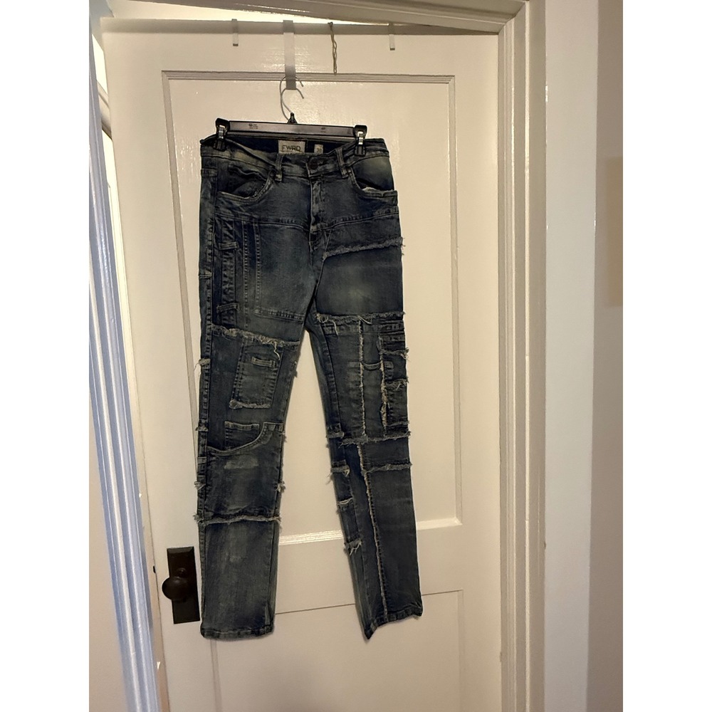 FWRD Denim Patchwork Jeans Mens 30 Blue Good Distressed Frayed Raw Seam Street